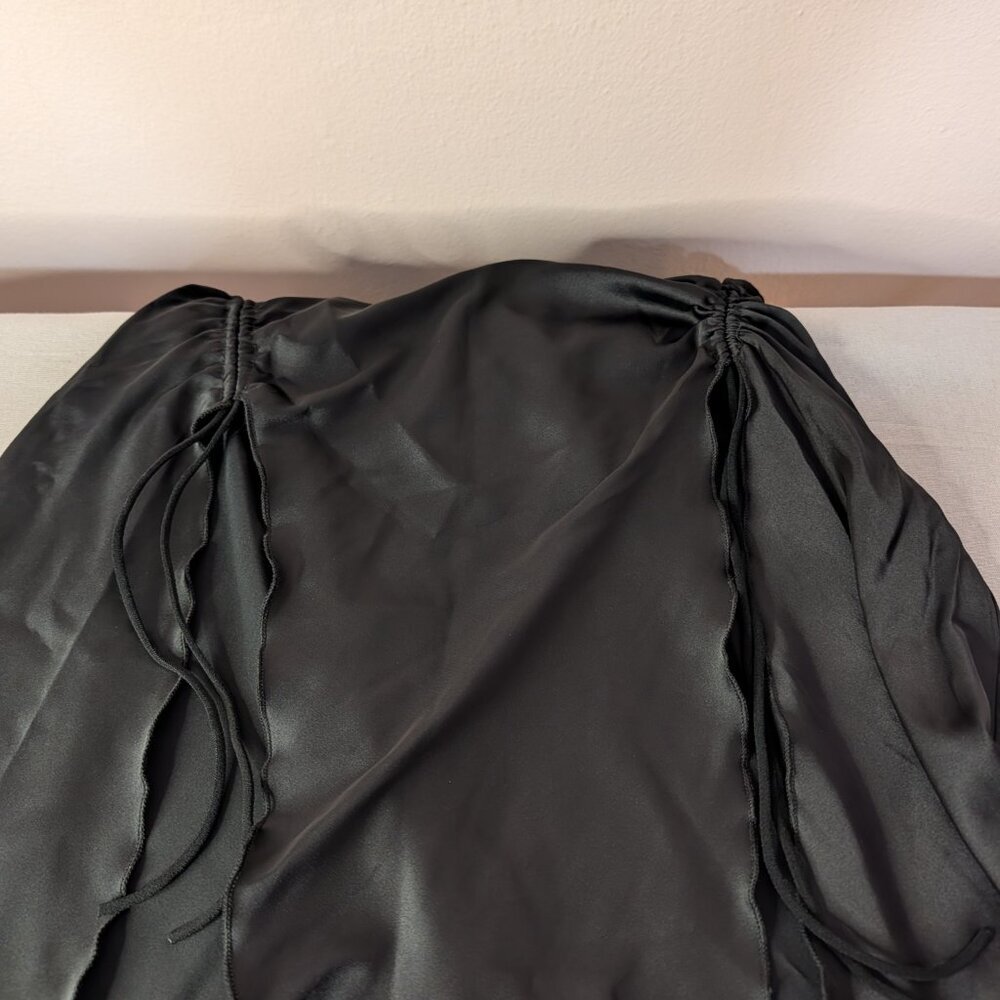 Black Satin Lace Mini Nightgown Ruched Sides Single Strap Chemise - Picture 7 of 11